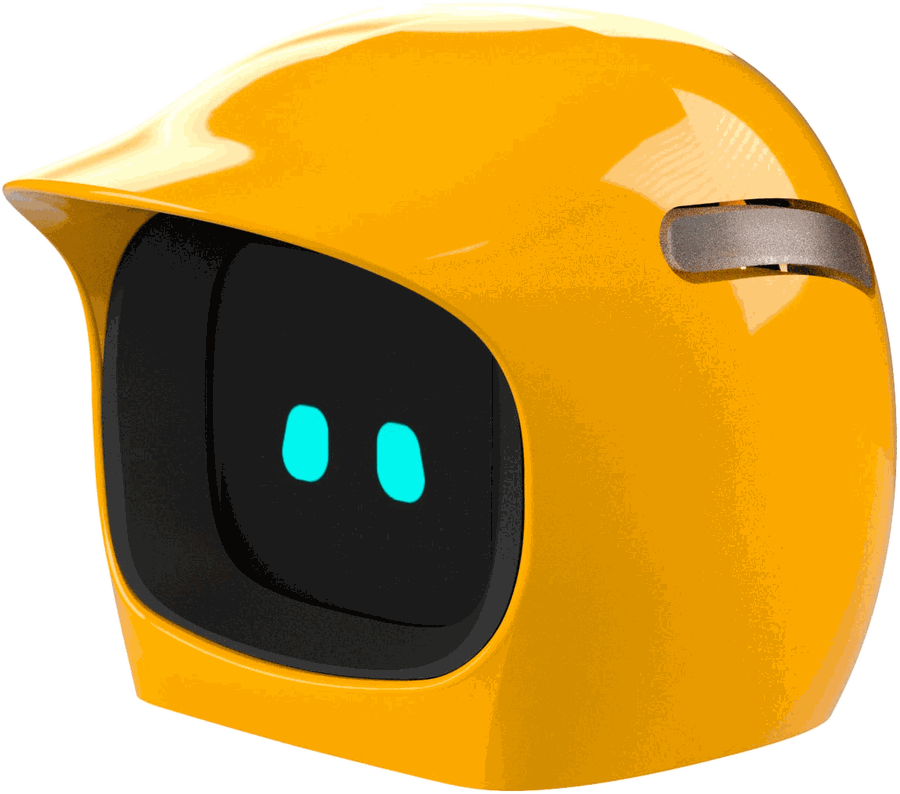 Kamoji — expressive dashboard companion with glowing cyan eyes on a yellow helmet-shaped body